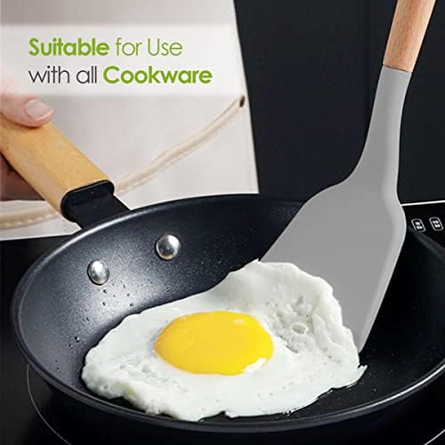 Kitchen Utensils Set Silicone Spatula Utensil Set with Wooden Handles Heat Resistant Spatulas for Cooking, Serving Spoon, Slotted Spoon, Turner, Ladle and Brush | 8 Pcs