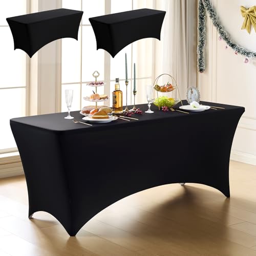 Glomii 2 Pack Spandex Table Cloth 6ft - Fitted Tight Elastic Stretch Rectangle Tablecloth for Standard Folding Tables - Wrinkle Free Washable Table Cover for Party, Birthday, Wedding, Black