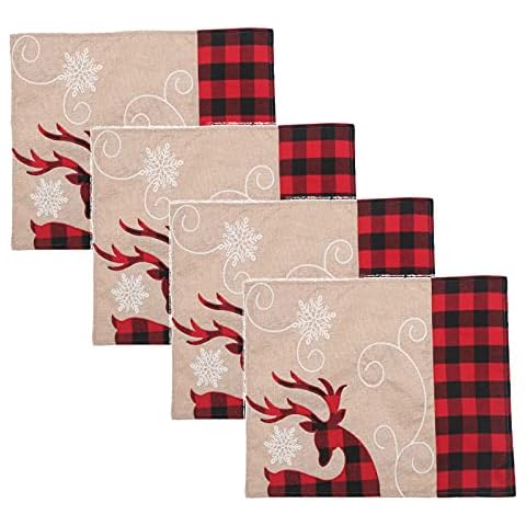 Marooma Christmas Tableware Mat, 4Pcs Buffalo Plaid Checkered Placemats Hand Woven Table Mats Xmas Cushions Elk Reindeer Cup Coasters for Xmas Table Decorations Cover