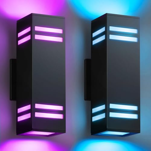 SHIMR Color Changing Outdoor Wall Lights 2 Pack, Ambiance Up and Down Lights Outdoor, Waterproof Square Smart Porch Lights WiFi APP Control Exterior Light Fixture Home Theater Lighting [ETL Listed]