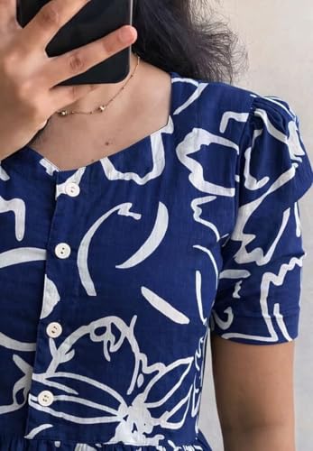 Image of Women's Blue Floral Print Tiered Midi Dress, Short Sleeve, Button-Front, Casual Summer Wear