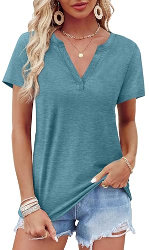 Image of WEESO Womens Tops Summer Short Sleeve V Neck Blouses Business Casual Loose Fit Tshirts Trendy Fashion Outfits