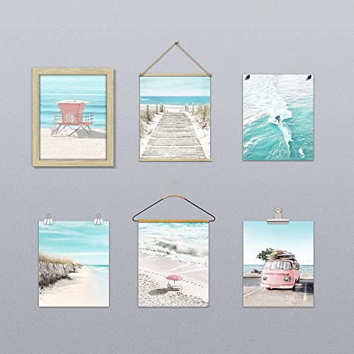 Coastal Wall Art Beach Prints Decor Set Of 6 Summer Seascape Theme Pictures Boardwalk, Beach Chair, Pink Van, Surfing Posters For Home Unframed 8X10 Inch #TOP5