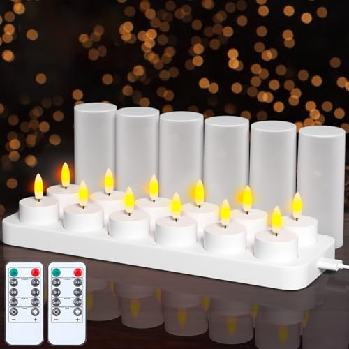 Lot de 12 Bougie LED Rechargeable Bougie Électrique Flamme Vacillante avec Station de Charge et 2 Télécommandes Décoration pour Noël Anniversaire Mariage Dîner Votive Table Café Bar Restaurant Hôtel