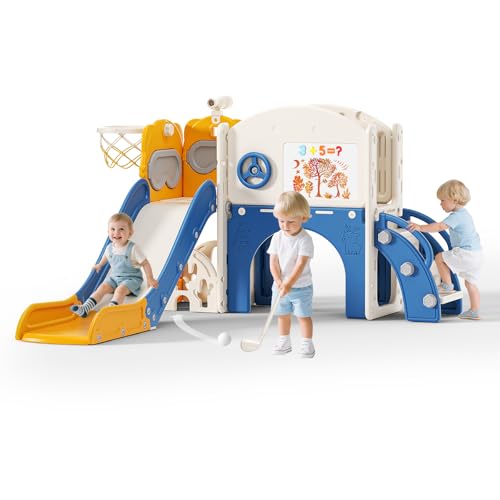 Krovtoy Kinderrutsche, Kleinkinderrutsche freistehend mit Basketballkorb, Kleinkinderklettergerüst, Babyrutsche Spielplatzgeräte, Kinderrutschen für Draußen (Blau Orange-10 in 1)