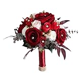 Eaissy Wedding Bouquets for Bride Bridesmaid, Wine Red White Rose Artificial Flowers Bouquet Bouquet Bride Valentine's Day Church Home Decoration