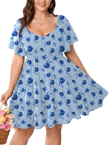 Image of SHESTARR Womens Plus Size Casual Mini Dress Sweetheart Neckline Short Flutter Sleeve Smocked A Line Tiered Ruffle Dresses