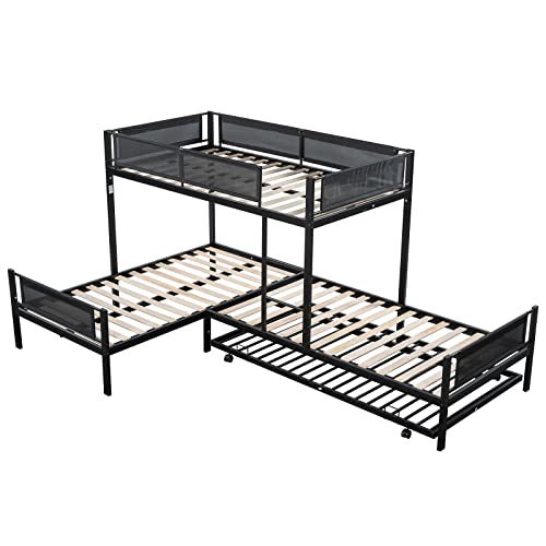 KIVENJAJA L-Shape Triple Bunk Bed with Trundle, Metal Quad Bunk Beds Twin Over Twin for 4 Kids, Heavy Duty 4 Small Bunkbeds for Teens Girls Boys Adults, Black