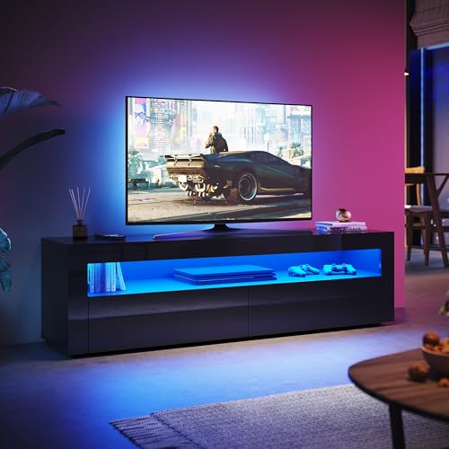 SUNXURY TV Board Schwarz mit LED-Beleuchtung Fernsehtisch 160(B) x 40(T) x 45(H) cm TV Schrank Fernsehschrank TV lowboard Schwarzer Hochglanz SUNXURY TV Board Schwarz mit LED-Beleuchtung Fernsehtisch 160(B) x 40(T) x 45(H) cm TV Schrank Fernsehschrank TV lowboard Schwarzer Hochglanz