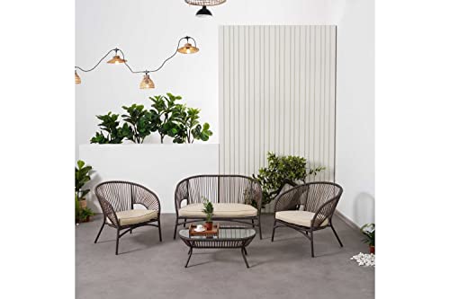 Image of DEVOKO 4 Piece Outdoor Patio Handwoven Rope Sofa Conversation Set with Cushioned Chair & Glass Top Table for Garden, Pool, Porch, Deck, Backyard (Dark Brown & Cream)