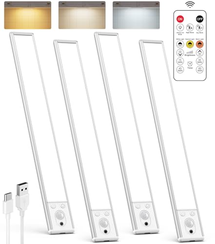 Under Cabinet Lighting Wireless, Rechargeable 62 LED Motion Sensor Light Indoor, 3 Color Temps Closet Lights with Remote Control, Dimmable Magnetic Under Counter Lights for Kitchen, Stairs, 4 Pack