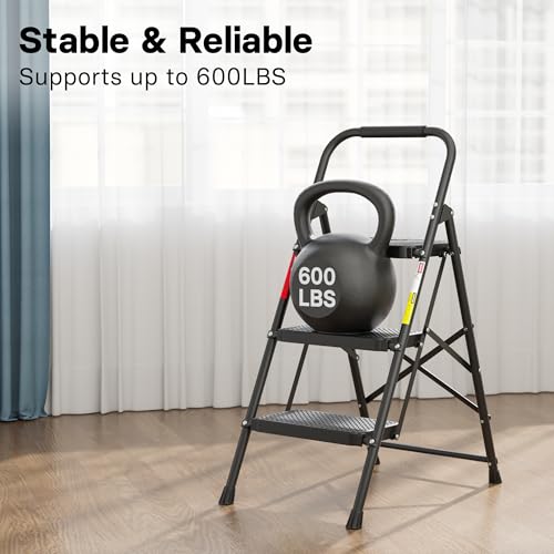 BONTEC 3-Step Ladder, Folding Step Stool, 600lbs Max Load Capacity, Sturdy Steel, Non-Slip Pedals, Lightweight, Portable Steel Ladder with Convenient Handrail, Safety Design for Home & Work, Black by BONTEC - Image 3