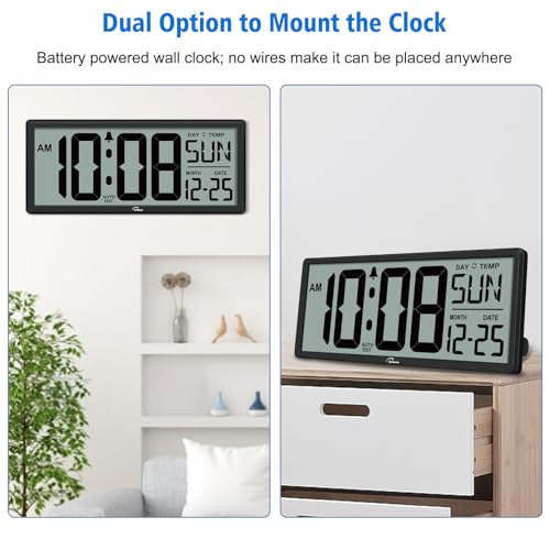 WallarGe Backlight Digital Wall Clock Battery Operated - with Temperature and Date 14.5\'\' Large Digital Wall Clock, Easy to Read and Set, Auto DST
