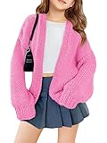 Haloumoning Girls Long Sleeve Cardigan Kids Casual Open Front Chunky Sweater Fall Outerwear 5-14Y Pink