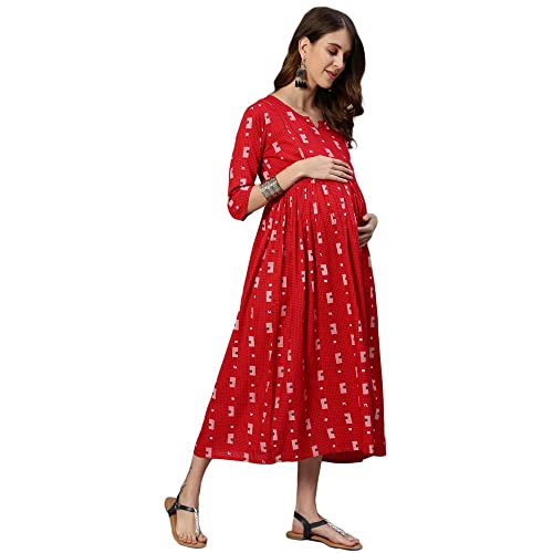 Image of anubhutee Women's Red Geometric Printed Maternity Flared Midi Dress