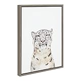 Kate and Laurel Sylvie Snow Leopard Portrait Framed Canvas Wall Art by Amy Peterson Art Studio; 18x24 Gray; Modern Jungle Animal Portrait Art for Wall