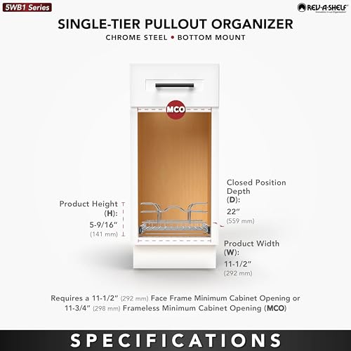 Rev-A-Shelf Pullout Kitchen Cabinet Drawer and Rolling Organizer Cabinet Pantry Storage Basket in Multiple Sizes, 12 x 22 in, 5WB1-1220CR-1