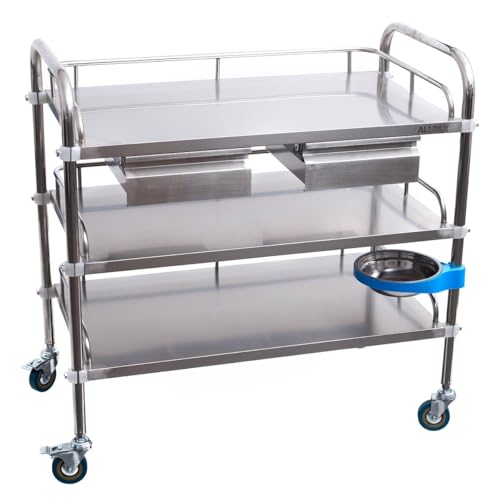 Allpax - Allpax chariot de laboratoire en acier inoxydable avec 3 étagères, deux tiroirs et une poubelle pivotante, 800 x 480 x 860 mm, capacité de charge d'environ 135 kg