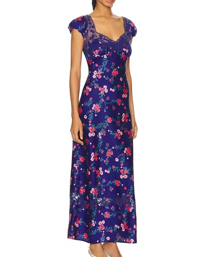 Image of Women Sexy Lace Patchwork Mesh Dress Floral Print Cutout Sweetheart Neck Backless Slit Summer Maxi Dress