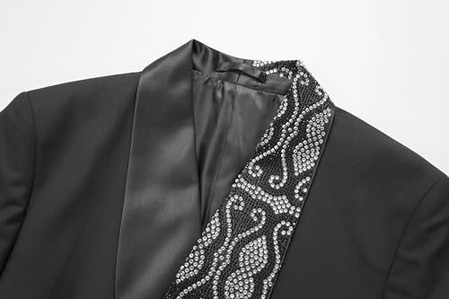 Kelaixiang Men's Black Blazer with Intricate Rhinestone & Sequins Design, Satin Notch Lapel, Double Breasted Suit Jacket3