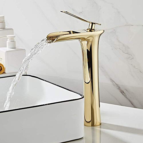 Robinet de salle de bain doré lavabo cascade eau chaude et froide or