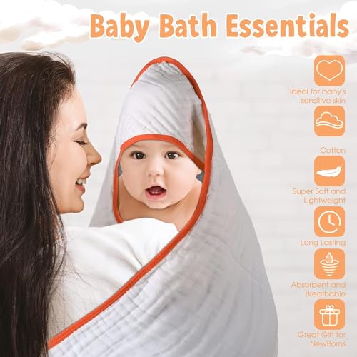 Image of MUKIN Baby Hooded Towels and Washcloths - Soft Absorbent Cotton Baby Bath Towel and Wash Cloth for Newborn Infant Boys /Girls. | Toddler Towel Pack with Hood. (Orange)