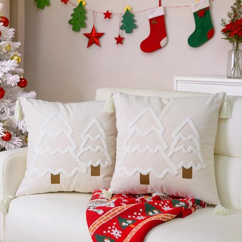 nssger 2PC 3D Christmas Throw Pillow Covers 18x18 inch Set Xmas Tree Decorations Soft Cotton Linen Blend with Tassel,New Year Farmhouse Pillowcase Winter Holiday Decor