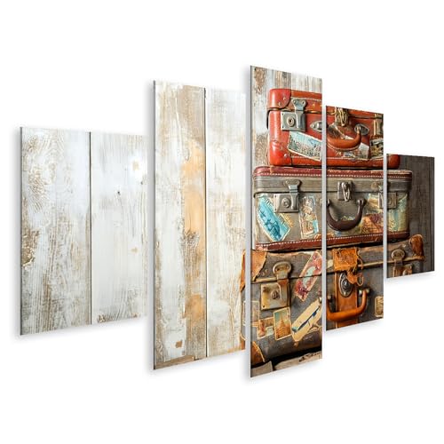 islandburner Cuadro sobre lienzo nostálgico maleta de viaje mural salón decoración para aventureros – 5 piezas