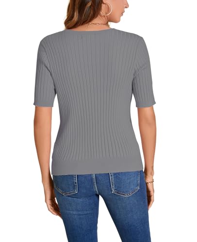 Image of Women Summer Knit Shirt Blouse V Neck Short Sleeve Pullover Sweater Tops