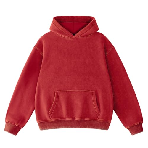 Dnzzs Men's Oversized Acid Wash Hoodies Heavyweight Cotton Fleece Sweatshirt Loose Fit Fall Winter Casual Streetwear Pullover,Red,X-Large