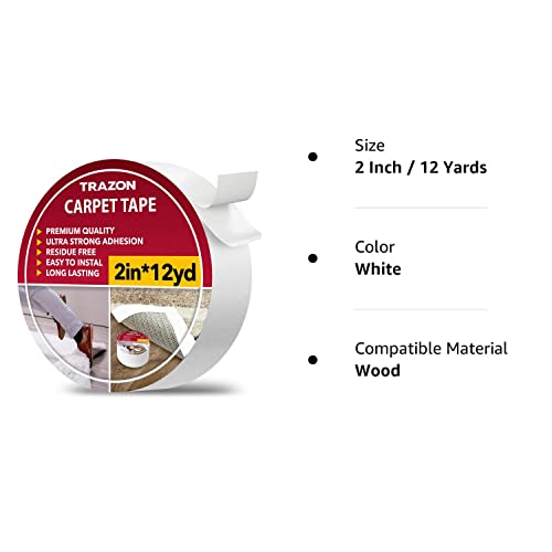 Carpet Tape Double Sided - Rug Tape Grippers For Hardwood Floors And Area Rugs - Carpet Binding Tape Strong Adhesive And Removable, Heavy Duty Stickers Grip Tape, Residue Free (2 Inch / 12 Yards) #TOP7