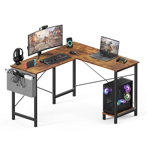 Image of OLIXIS L Shaped Desk, 50-Inch Office Computer Gaming Desks Corner PC Table with Side Bag and Reversible Shelf for Home Work Study Writing Rustic Brown