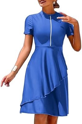 ZAFUL Women's Short Sleeve Rash Guard 2 Piece Modest Swim Dress with Shorts Blue S