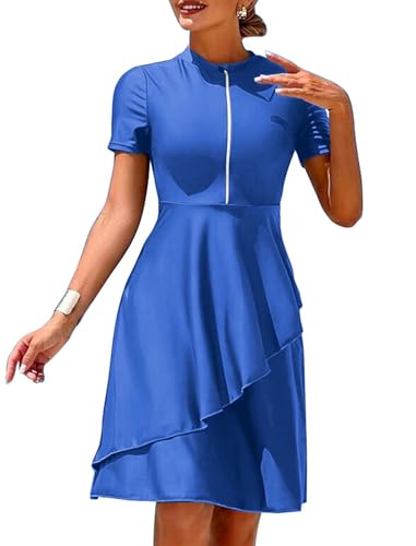 ZAFUL Women's Rash Guard Short Sleeve Swim Dress Zipper Modest Swimsuits 2 Piece Bathing Suit with Shorts Blue S