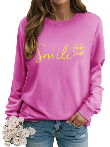 Dresswel Womens Sweatshirt Vintage Funny Smile Face Graphic Print Crewneck Long Sleeve Tops Ladies Pullover Basic Cotton Jumpers Blouse (Yellow, S)