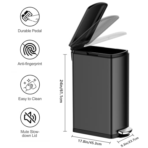 Image of GarveeHome 8 gal Trash Can, Slim Kitchen Trash Can with Soft Close Lid, Stainless Steel Garbage Can with Removable Bucket, Rectangular Waste Bins for Kitchen, Bathroom, Office, Black