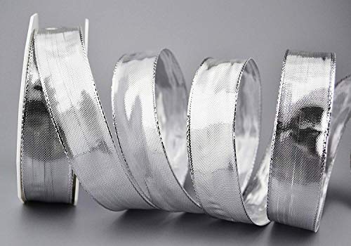 finemark 20 m x 25 mm Decorative Ribbon Glossy Silver Metallic Ribbon with Wire Shiny Gift Ribbon Christmas Wire Edge Ribbon