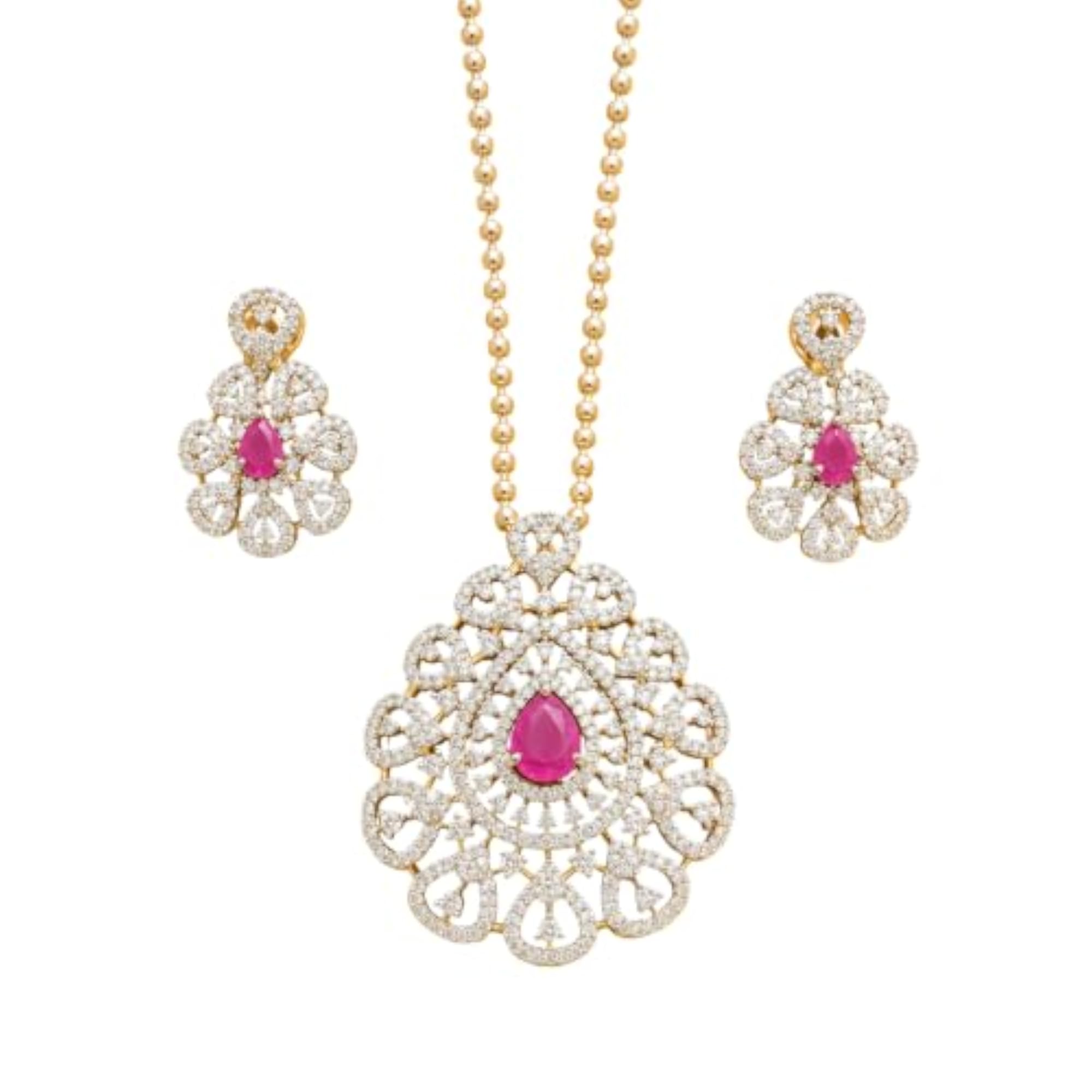 Silver Plated Beautiful White Stone & Pink Centerpiece Pendant Set