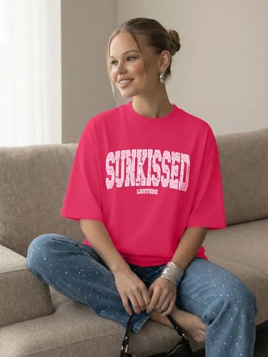 Image of LEOTUDE Women Cottonblend Drop Shoulder Oversized Round Neck Half Sleeve