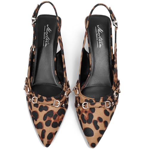 Image of Mostrin Kitten Heels for Women Pointed Toe Pumps Patent Leather Low Heel Slingback Heels with Buckle Dress Shoes for Dating Party Working