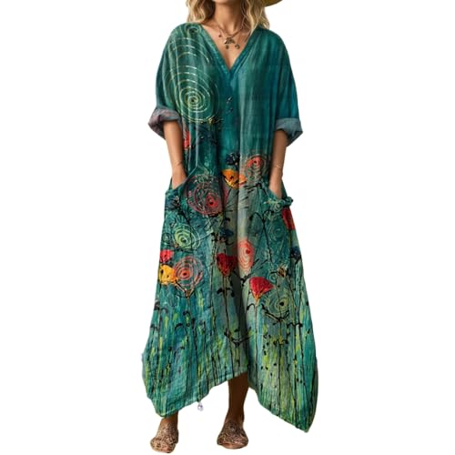 2026 Summer Bohemian Teal Abstract Swirl Art Print Linen Maxi