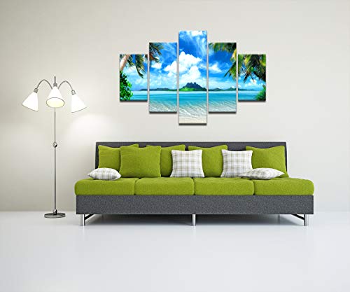 Seaside Modern Painting 5 Piece Canvas Multi Panel Palm Tree Wall Art,Navy Blue Sky Hd Prints Pictures Giclee Artwork For Living Room Home Decor Wooden Framed Stretched Ready To Hang(60''Wx40''H) #TOP3