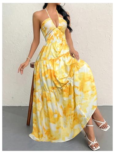 Image of SHENHE Women's Deep V Neck Tie Knot Backless Halter Dress A Line Flowy Ruffle Maxi Dress