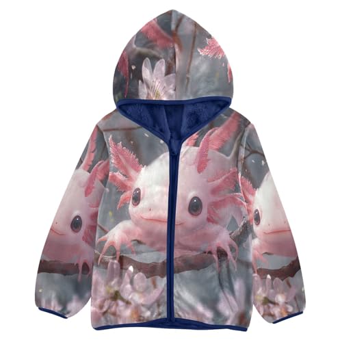 Kawaii Pink Axolotl Cherry Blossoms Toddler Fleece Jacket Girl Boys Hooded Fleece Jacket Coat