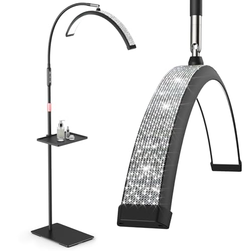 Mznoo Lash Light, 23 Inch Bling Diamond Half Moon Light for Eyelash Extensions, Nail Art, Tattoo Art and Skincare, Adjustable Color Modes and Flexible Gooseneck, with Tool Tray (Black)