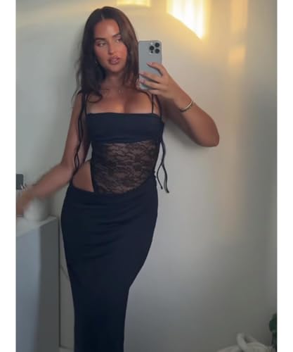 Image of Women Sexy Lace Patchwork Maxi Dress Spaghetti Straps Y2K Sheer Long Bodycon Club Cocktail Long Dresses