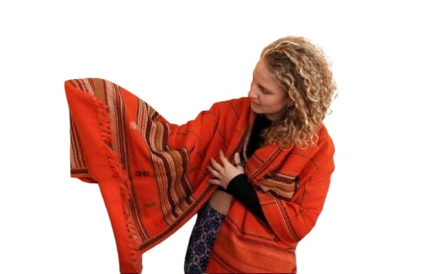 Women's Ethnic Wool Shawl, Orange, Woven Pattern, Warm Winter Wrap for Travel and Cultural Occasions-image-1