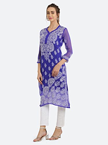 Image of FAWOMENT Women's Designer Straight Georgette Hand Embroidered Lucknowi Chikankari Kurta Designed in Side Jhaar Pattern Alongwith Slip