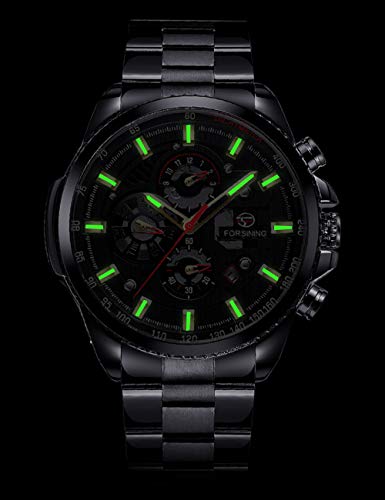 Relógio de pulso masculino Forsining multifuncional, preto, de aço inoxidável, esportivo, militar, a