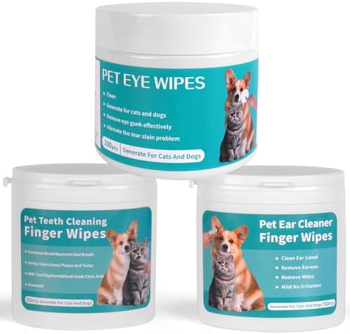 Teeth Cleaning Wipes Eyes Wipes Ear Finger Wipes for Dogs & Cats (3 Pack 200 Wipes) Pet Grooming Wipes Set for  Removing Plaque and Tartar & Ear Wax & eye secretions,Dog Wipes for Deodorizing